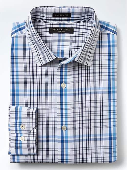 Banana Republic Mens Camden Fit Non Iron Poplin Plaid Shirt - Blue Voyage