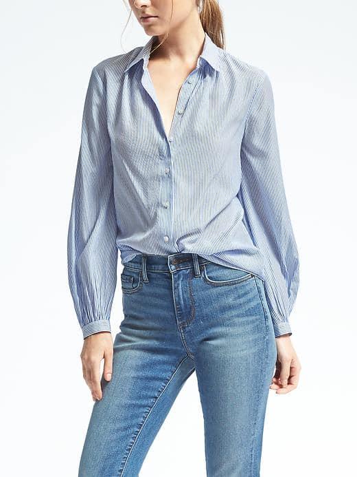 Banana Republic Womens Easy Care Stripe Ruched Neck Blouse - Light Blue Stripe