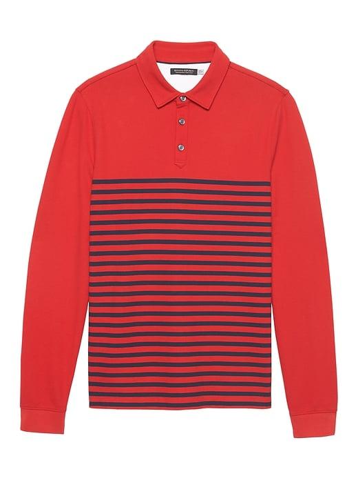 Banana Republic Mens Don';t-sweat-it Long-sleeve Stripe Polo Shirt Chili Pepper Red Stripe Size S