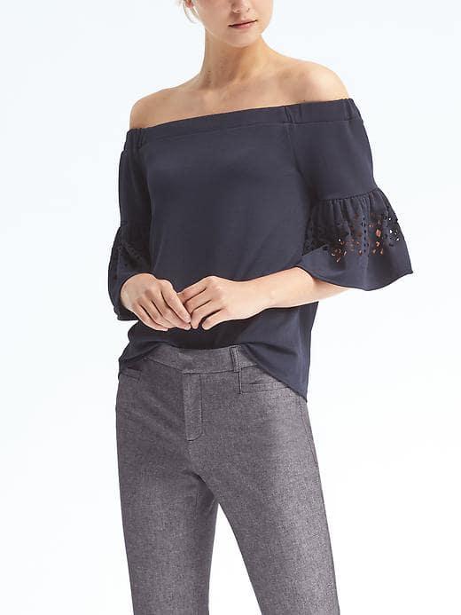 Banana Republic Womens Lasercut Crepe Off Shoulder Top - Navy