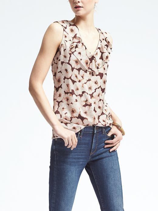 Banana Republic Womens Easy Care Print Ruffle Collar Top - White