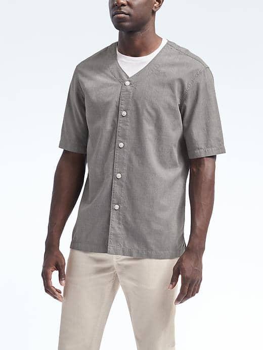 Banana Republic Mens Grant Fit Short Sleeve Baseball Shirt - Sidewalk Gray