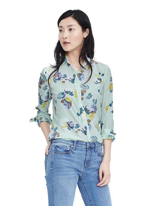 Banana Republic Womens Dillon Fit Long Sleeve Floral Blouse - Aqua Mint