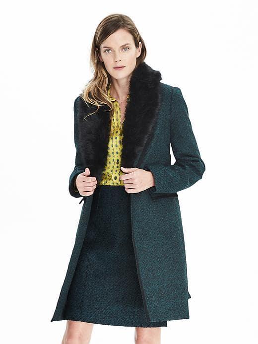 Banana Republic Single Button Fur Trimmed Coat - Green