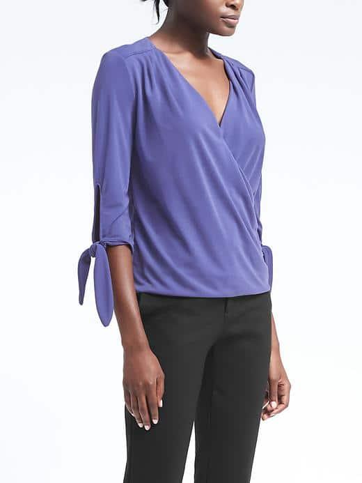 Banana Republic Womens Tie Sleeve Wrap Effect Top - Blue Dusk