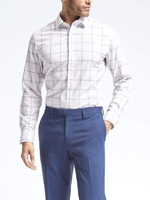 Banana Republic Mens Grant Fit Non Iron Windowpane Shirt - Bark Brown Global