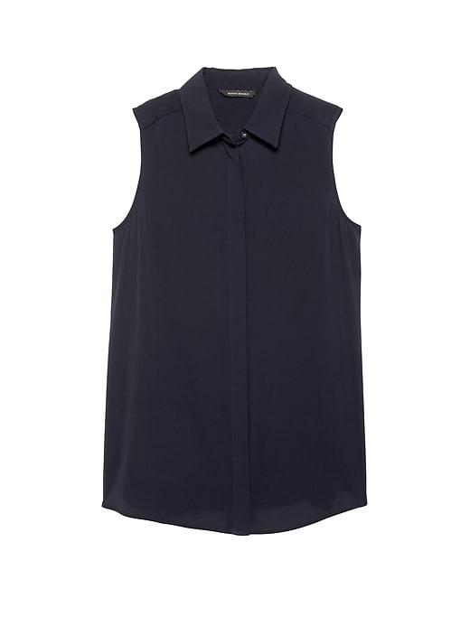 Banana Republic Womens Petite Life In Motion Parker Tunic-fit Washable Silk Sleeveless Shirt With Crossover Back Navy Size Xs