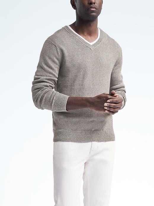 Banana Republic Mens Stretch Linen Vee Pullover - Dark Heather Gray