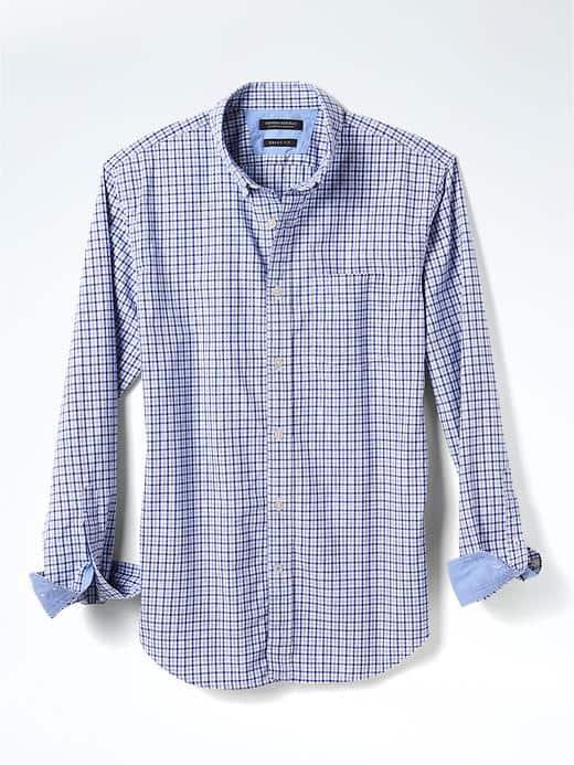 Banana Republic Mens Grant Fit Custom Wash Textured Gingham Shirt - Blue