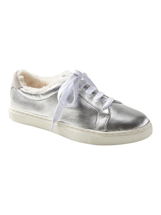 Banana Republic Womens Japan Online Exclusive Essential Silver Sneaker With Faux Fur Lining Silver Leather Size 11