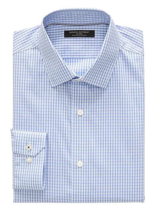 Banana Republic Mens Camden Standard-fit Non-iron Stretch Check Shirt Marfa Blue Size Xxs