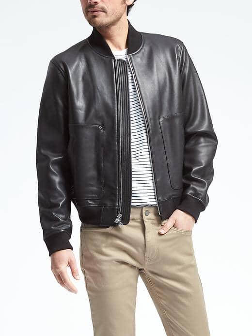Banana Republic Mens Black Leather Bomber Jacket - Black