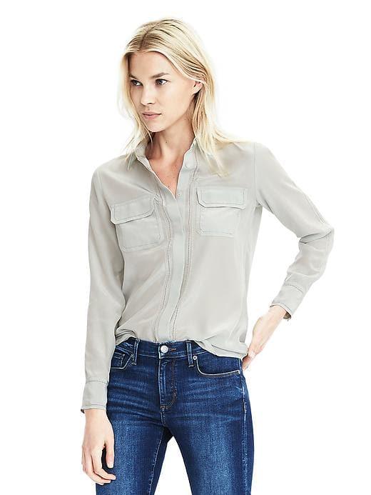 Banana Republic Womens Heritage Long Sleeve Embroidered Silk Blouse - Sea Breeze