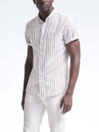 Banana Republic Mens Grant Fit Stripe Cotton Stretch Short Sleeve Oxford Shirt - White