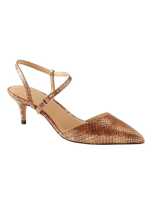 Banana Republic Womens Asymmetrical Strap Kitten Heel Metallic Snake Effect Leather Size 10
