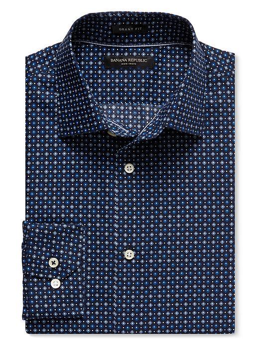 Banana Republic Mens Grant Fit Geo Print Non Iron Cotton Shirt Size L Tall - Preppy Navy