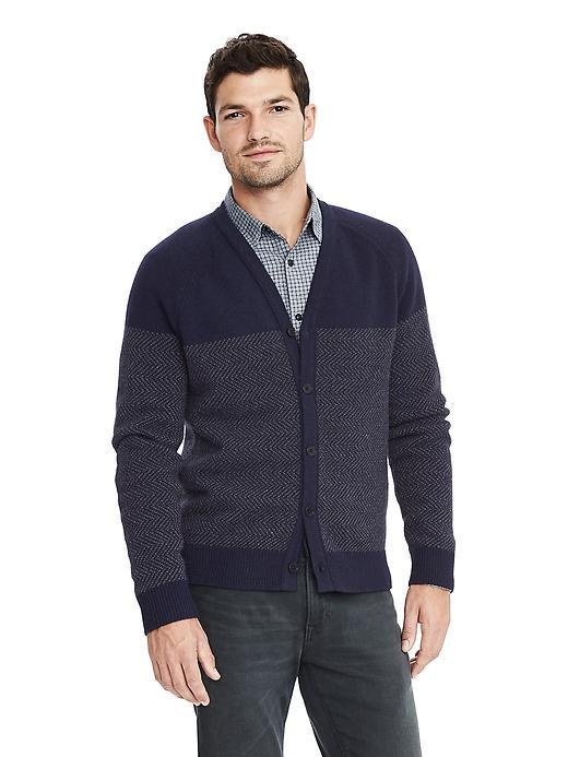 Banana Republic Mens Button Front Wool Blend Herringbone Cardigan - Navy