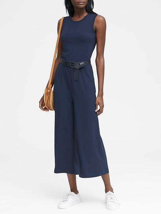 Banana Republic Womens Soft Ponte Cropped Wide-leg Jumpsuit Navy Blue Size 20