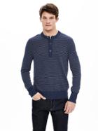 Banana Republic Mens Striped Extra Fine Merino Wool Henley Sweater Pullover Size L Tall - Pitch Blue