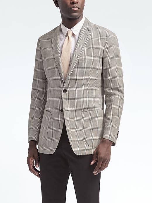Banana Republic Mens Slim Gray Plaid Linen Blazer - Gray