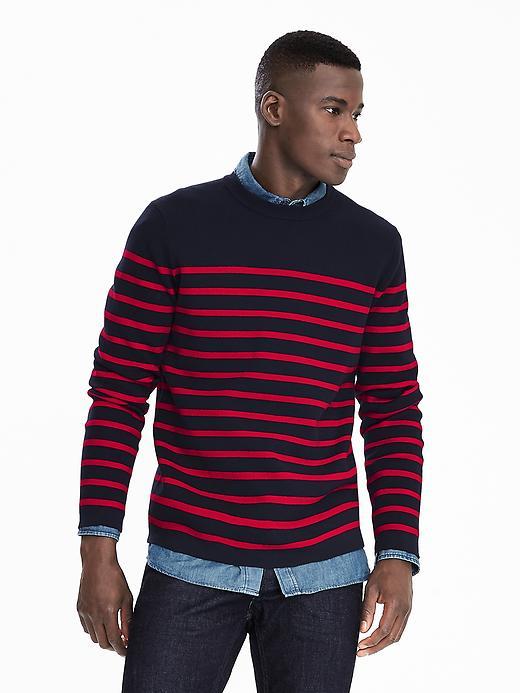 Banana Republic Mens Milano Stripe Crew Pullover Size L Tall - Preppy Navy
