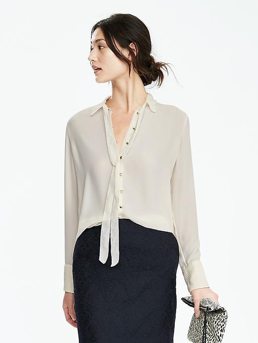 Banana Republic Long Sleeve Crepe Tie Neck Blouse Size L Petite - Cocoon