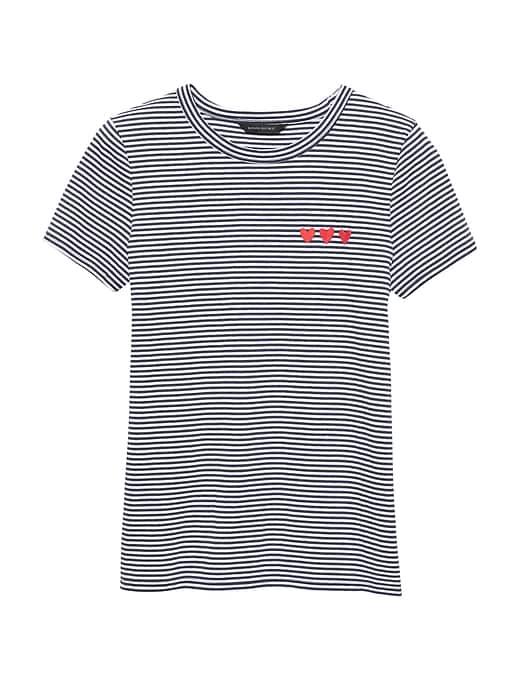 Banana Republic Womens Supima Cotton Heart Graphic T-shirt Blue Stripe Size S