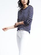 Banana Republic Womens Merino Semi Fitted Stripe Pullover Sweater - Navy