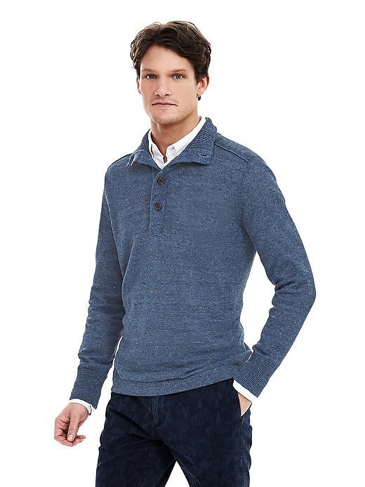 Banana Republic Mens Italian Linen Button Mock Pullover Size L Tall - Marina Blue