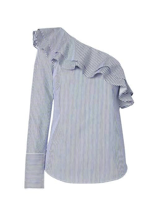 Banana Republic Womens Petite Stripe One-shoulder Ruffle Top Light Blue Stripe Size Xs