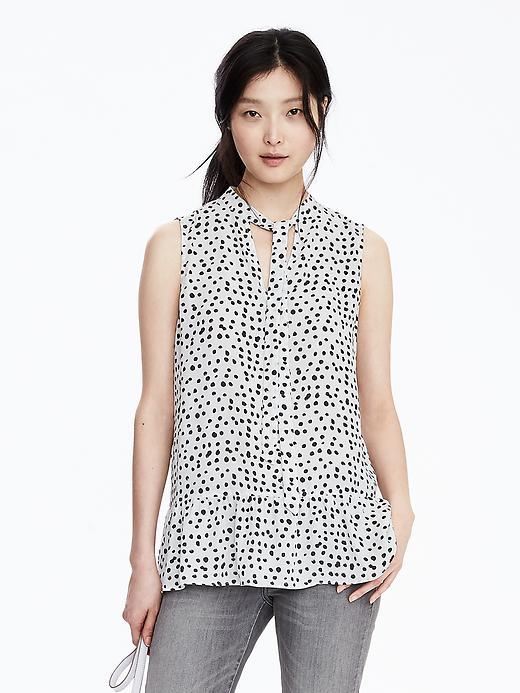 Banana Republic Womens Sleeveless Print Tie Neck Blouse Size L - Black Dot