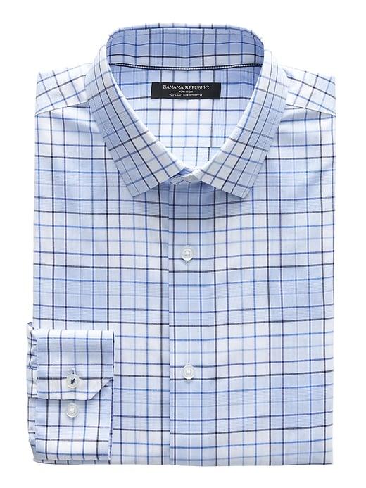 Banana Republic Mens Camden Standard-fit Non-iron Stretch Plaid Shirt Marfa Blue Size Xxs