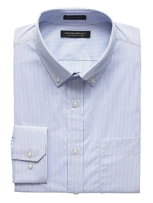 Banana Republic Mens New Slim-fit Tech-stretch Cotton Stripe Shirt Damselfish Blue Size M
