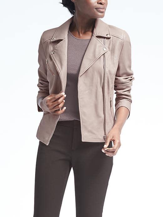 Banana Republic Womens Elevated Leather Moto Jacket - Stone