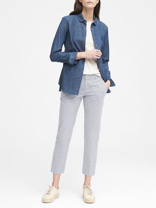Banana Republic Womens Petite Avery Straight-fit Stretch Seersucker Ankle Pant Charcoal-blue Stripe Size 12