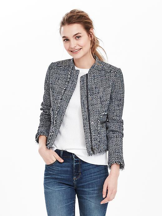 Banana Republic Raw Edgetweed Moto Jacket Size 0 Petite - Blue