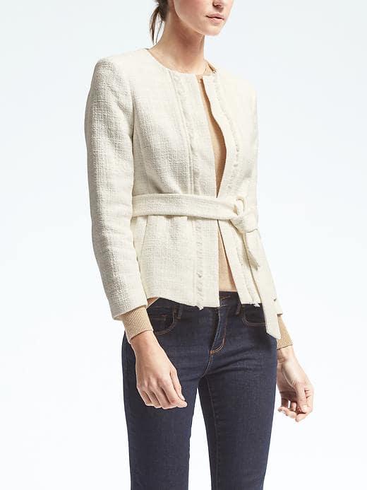 Banana Republic Womens Textured White Belted Blazer - White