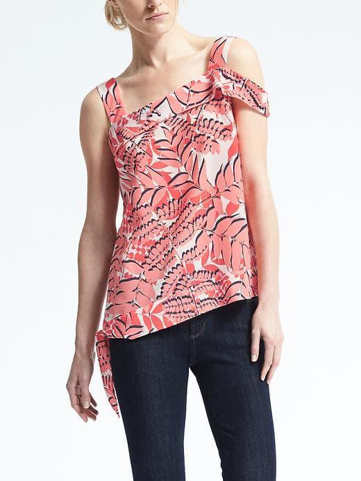 Banana Republic Womens Easy Care Palm Print Asymmetrical Top - Red Print