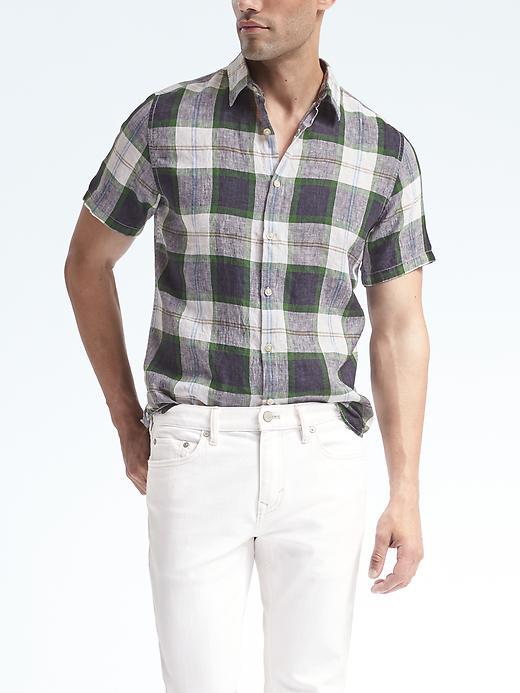 Banana Republic Mens Camden Fit Bold Plaid Linen Short Sleeve Shirt - Green