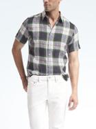 Banana Republic Mens Camden Fit Bold Plaid Linen Short Sleeve Shirt - Green