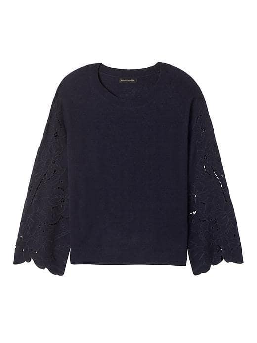 Banana Republic Womens Embroidered Lace Sleeve Sweatshirt - Navy