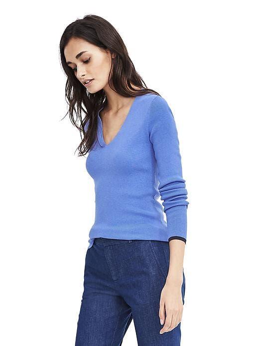 Banana Republic Womens Italian Silk Cotton Ribbed Vee Pullover - Patchwork Blue