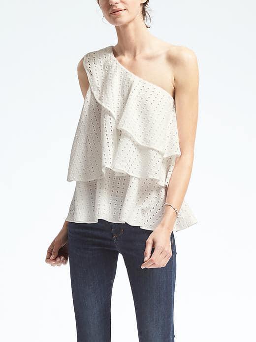 Banana Republic Womens Limited Edition Tiered Eyelet One Shoulder Top - White