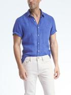 Banana Republic Mens Camden Fit Blue Linen Short Sleeve Shirt - Montego Bay