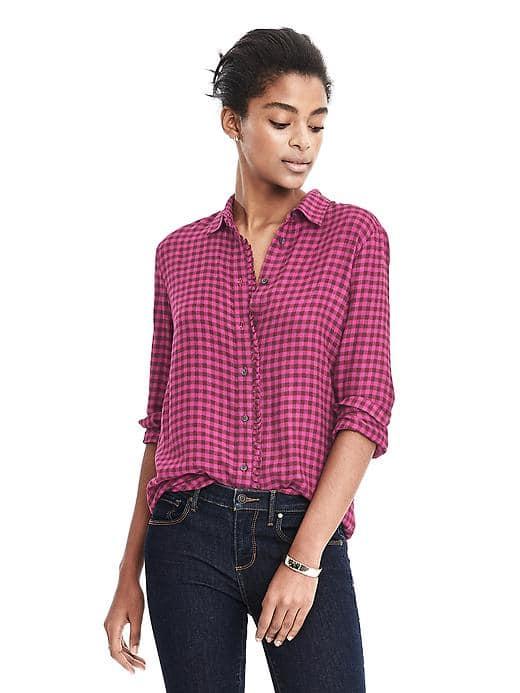 Banana Republic Dillon Fit Plaid Flannel Ruffle Shirt - Dark Berry