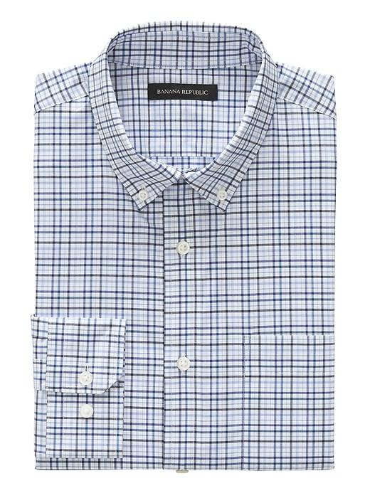 Banana Republic Mens New Slim-fit Tech-stretch Cotton Grid Shirt Comet Blue Size L