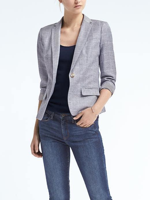 Banana Republic Womens Windowpane Chambray Blazer - Cerulean Blue
