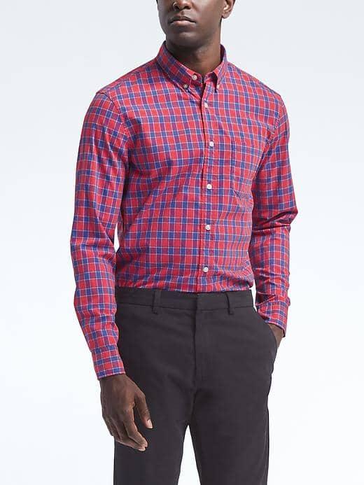 Banana Republic Mens Camden Fit Custom Wash Check Shirt - Red
