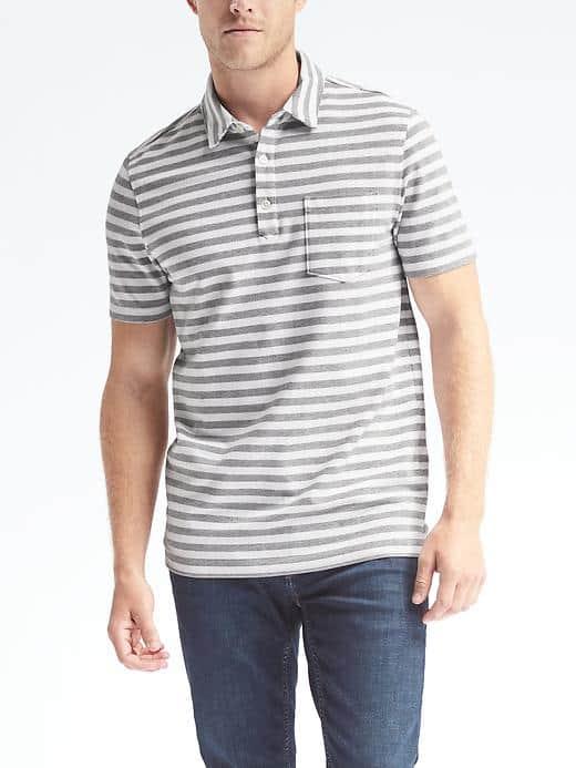 Banana Republic Mens Performance Pique Thick Stripe Polo - Medium Gray Heather