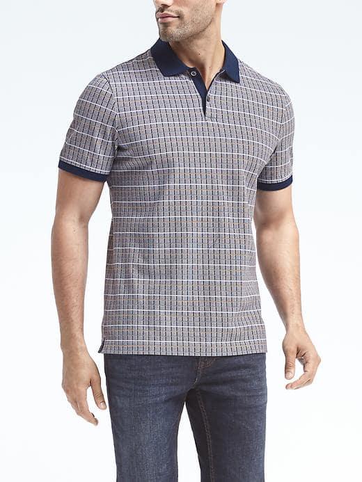 Banana Republic Mens Pique Grid Print Polo - Navy